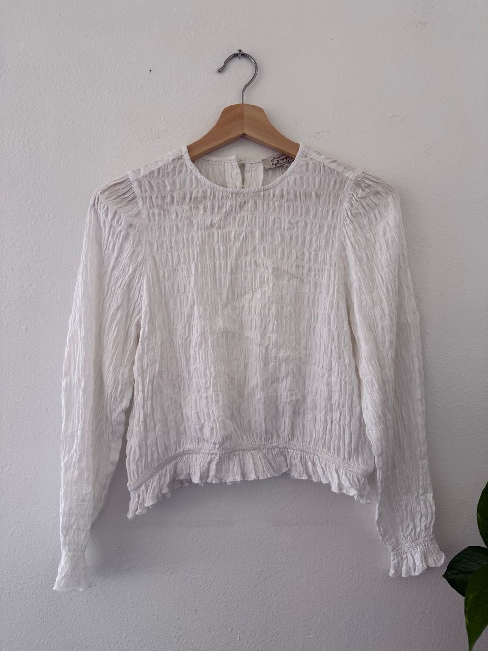 Zara White Textured Long-Sleeve Ruffle-Hem Top